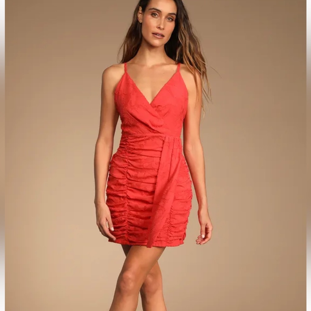 Lulus Primped to Perfection Red Floral Burnout Chiffon Ruched Dress - Picture 1 of 11
